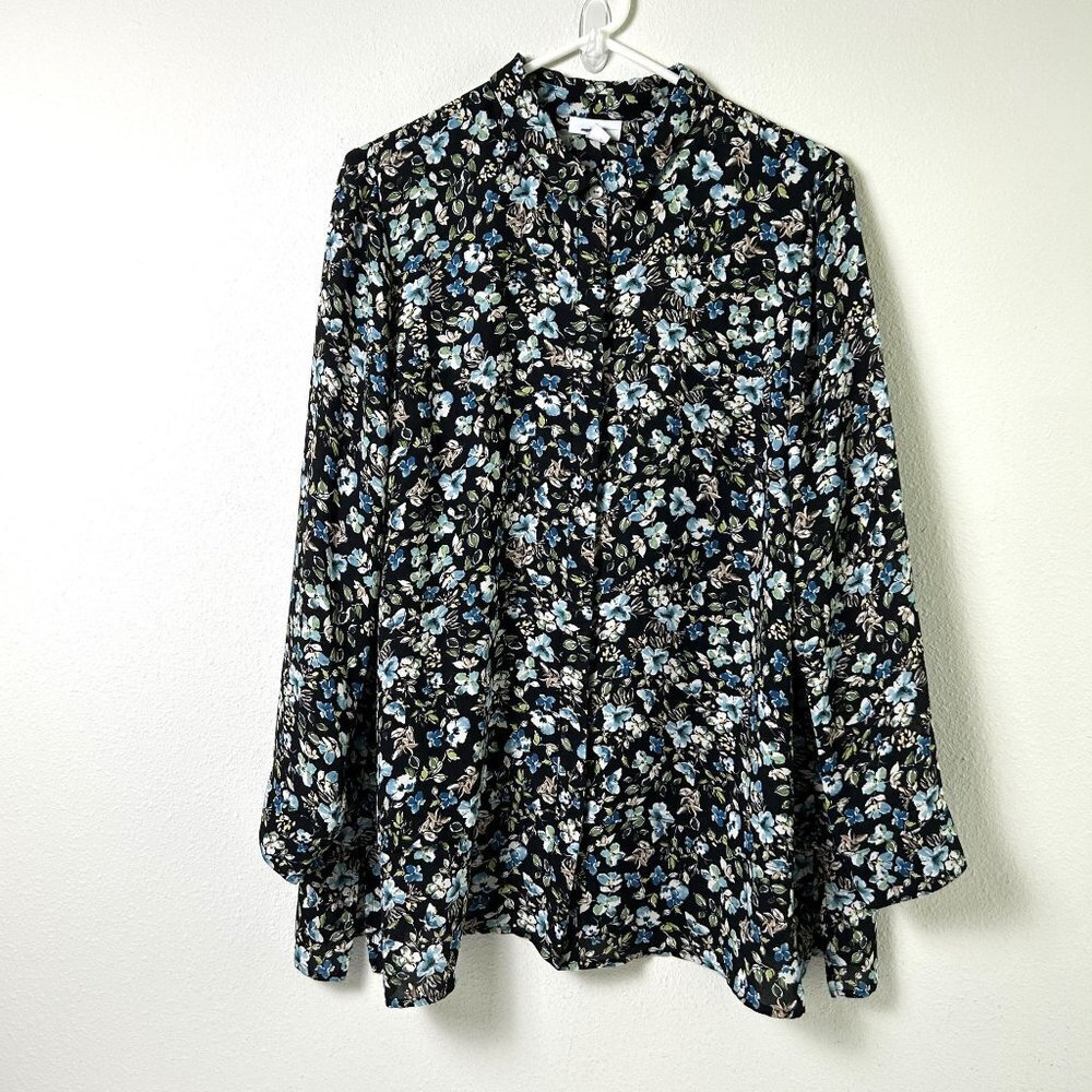 J Jill Top Size Petite L LP Black‎ Floral Button Front Tiered Layers Long Sleeve